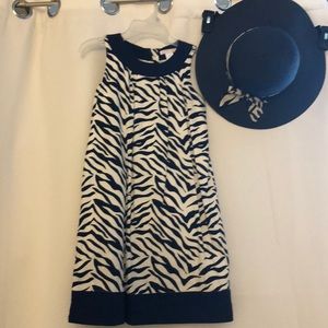 Navy blue zebra print dress w/matching sun hat.